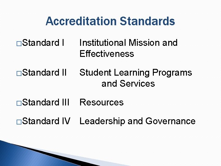 Accreditation Standards �Standard I Institutional Mission and Effectiveness �Standard II Student Learning Programs and
