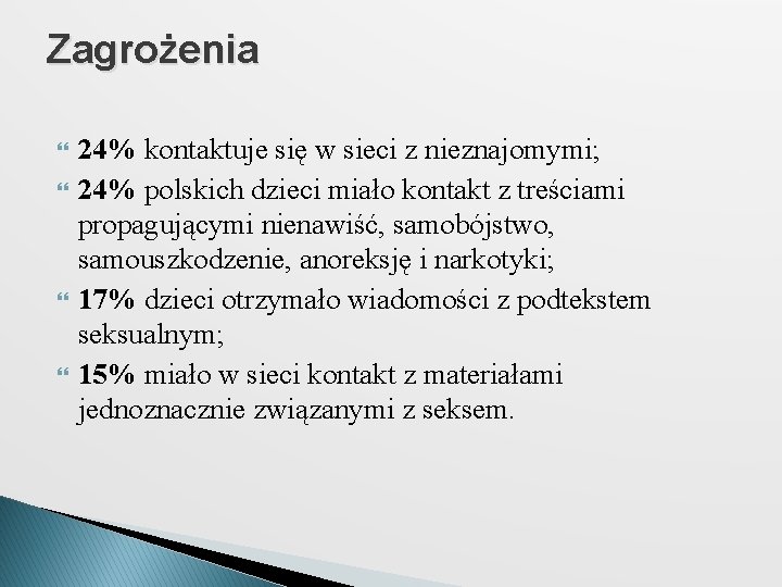 Zagrożenia 24% kontaktuje się w sieci z nieznajomymi; 24% polskich dzieci miało kontakt z