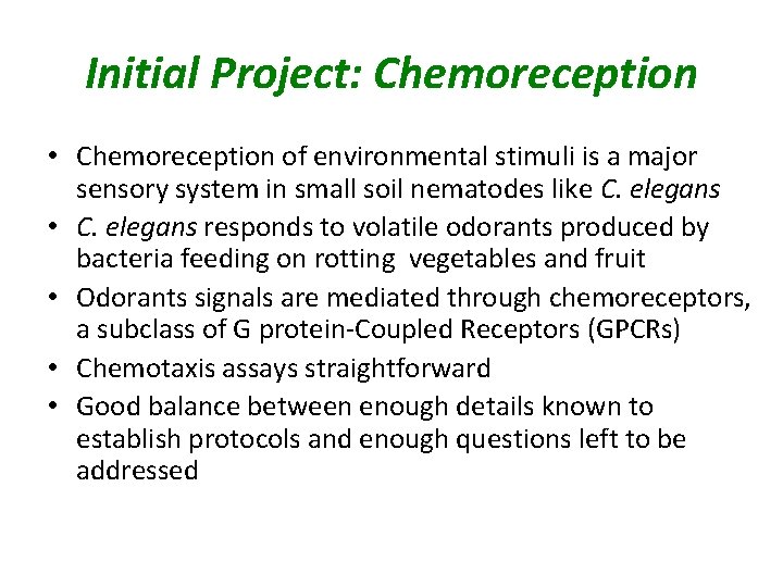 Initial Project: Chemoreception • Chemoreception of environmental stimuli is a major sensory system in