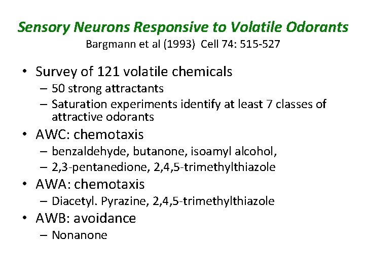 Sensory Neurons Responsive to Volatile Odorants Bargmann et al (1993) Cell 74: 515 -527