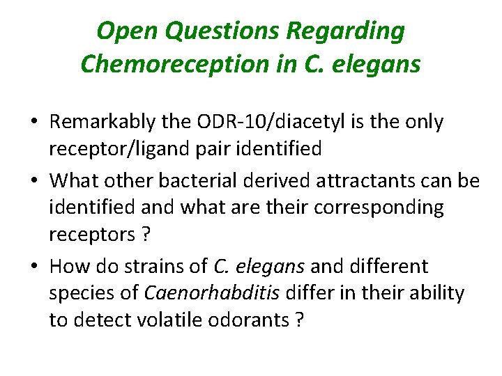 Open Questions Regarding Chemoreception in C. elegans • Remarkably the ODR-10/diacetyl is the only