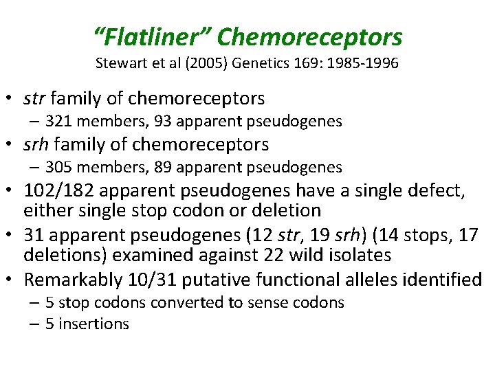 “Flatliner” Chemoreceptors Stewart et al (2005) Genetics 169: 1985 -1996 • str family of