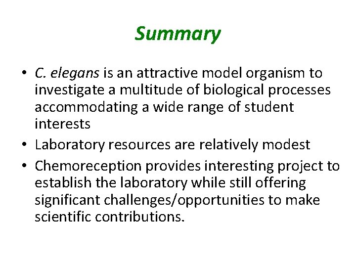 Summary • C. elegans is an attractive model organism to investigate a multitude of