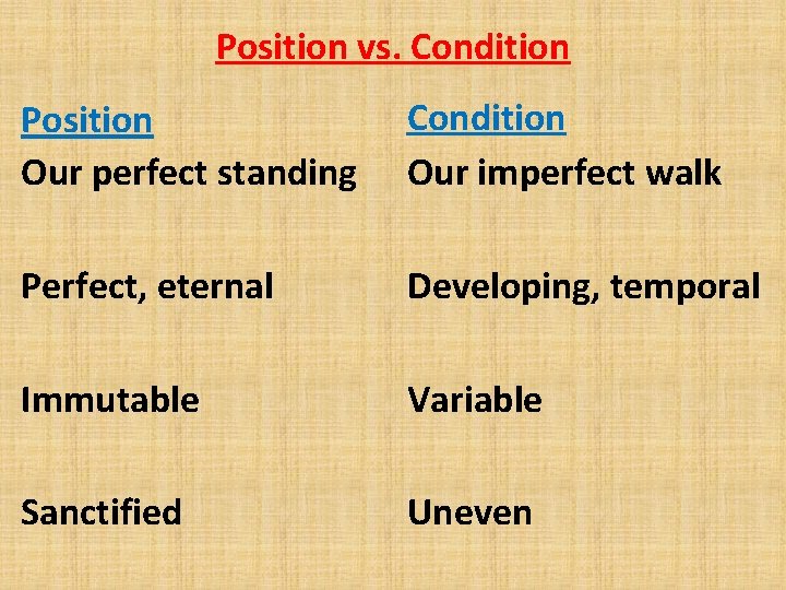 Position vs. Condition Position Our perfect standing Condition Our imperfect walk Perfect, eternal Developing,