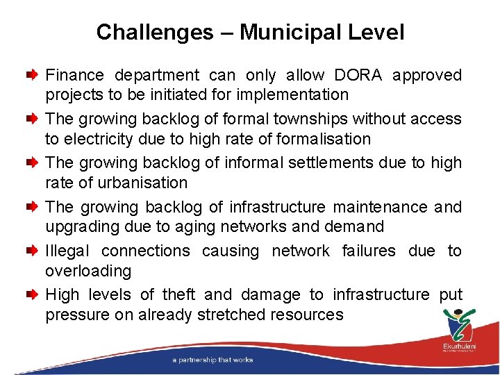 Challenges – Municipal Level Finance department can only allow DORA approved projects to be