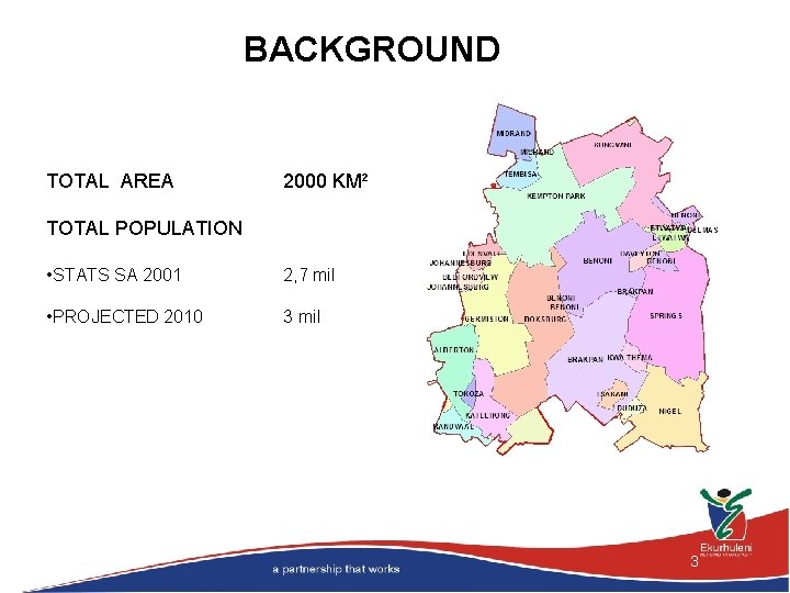 BACKGROUND TOTAL AREA 2000 KM² TOTAL POPULATION • STATS SA 2001 2, 7 mil