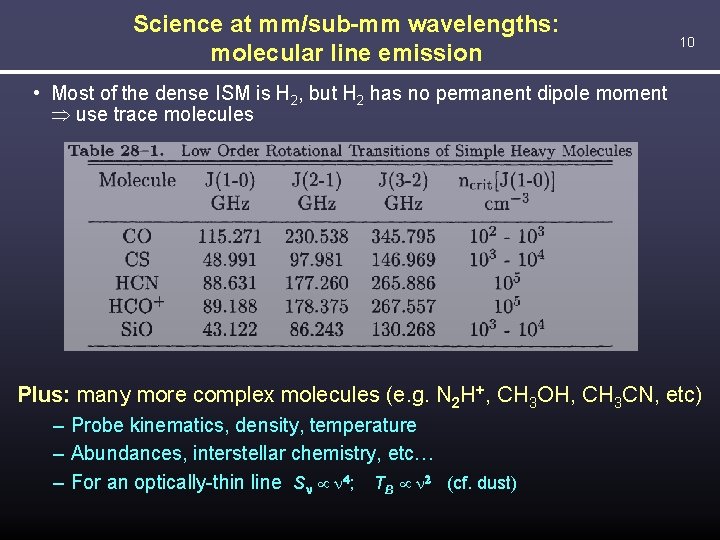 Science at mm/sub-mm wavelengths: molecular line emission 10 • Most of the dense ISM
