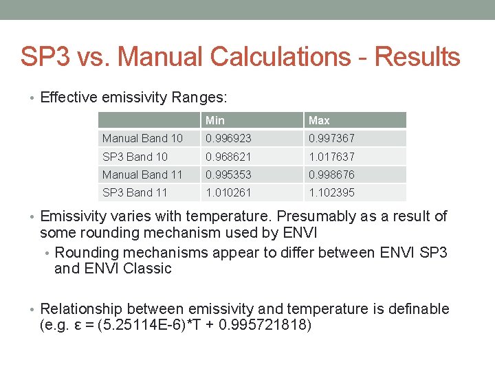 SP 3 vs. Manual Calculations - Results • Effective emissivity Ranges: Min Max Manual