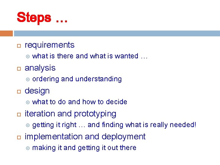 Steps … requirements analysis what to do and how to decide iteration and prototyping