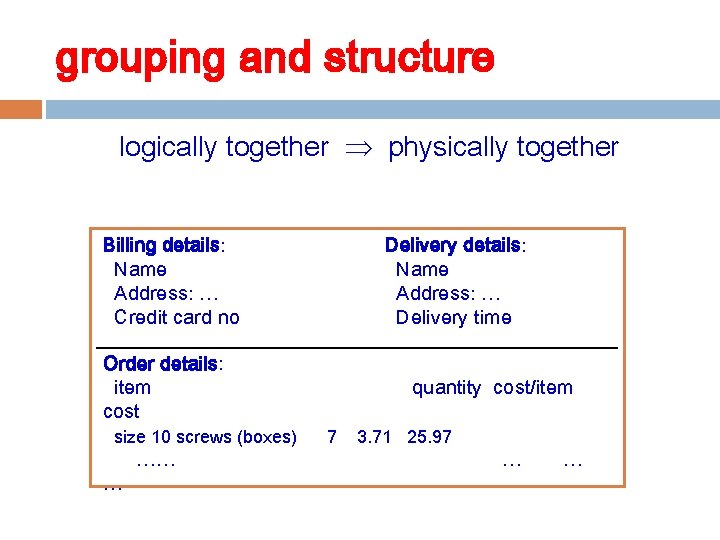 grouping and structure logically together physically together Billing details: Name Address: … Credit card