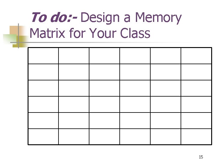 To do: - Design a Memory Matrix for Your Class 15 