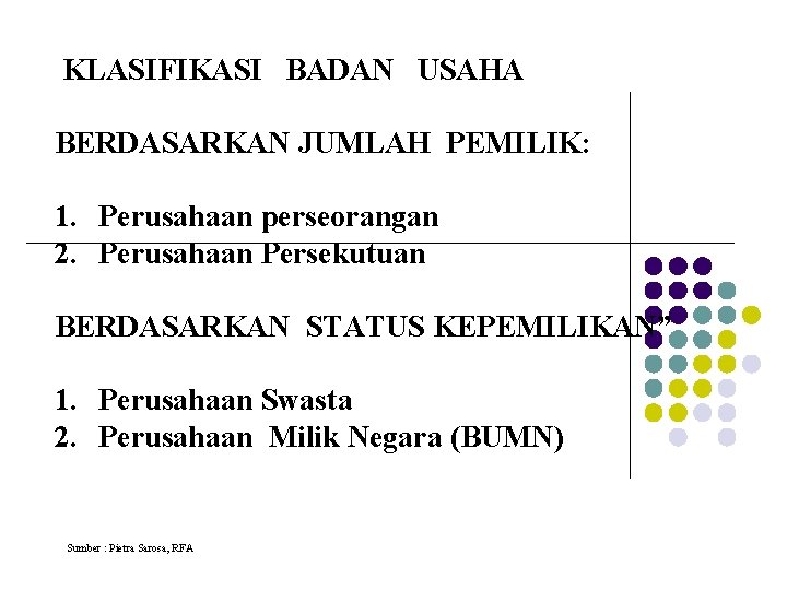 KLASIFIKASI BADAN USAHA BERDASARKAN JUMLAH PEMILIK: 1. Perusahaan perseorangan 2. Perusahaan Persekutuan BERDASARKAN STATUS KLASIFIKASI BADAN USAHA BERDASARKAN JUMLAH PEMILIK: 1. Perusahaan perseorangan 2. Perusahaan Persekutuan BERDASARKAN STATUS