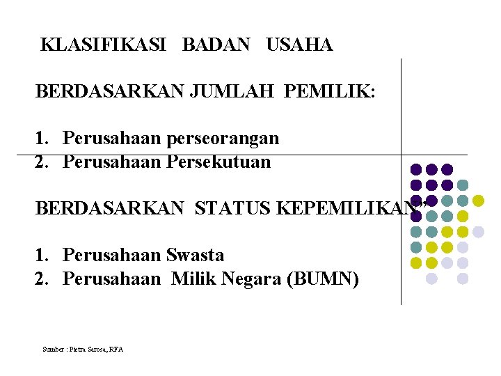 KLASIFIKASI BADAN USAHA BERDASARKAN JUMLAH PEMILIK: 1. Perusahaan perseorangan 2. Perusahaan Persekutuan BERDASARKAN STATUS