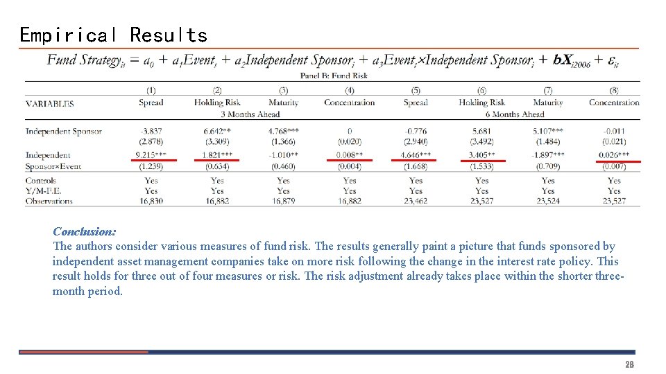 Empirical Results Conclusion: The authors consider various measures of fund risk. The results generally