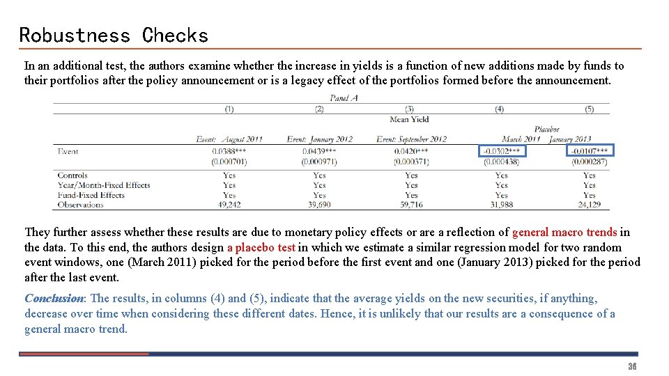 Robustness Checks In an additional test, the authors examine whether the increase in yields