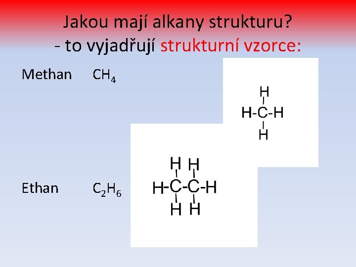 Jakou mají alkany strukturu? - to vyjadřují strukturní vzorce: Methan CH 4 Ethan C