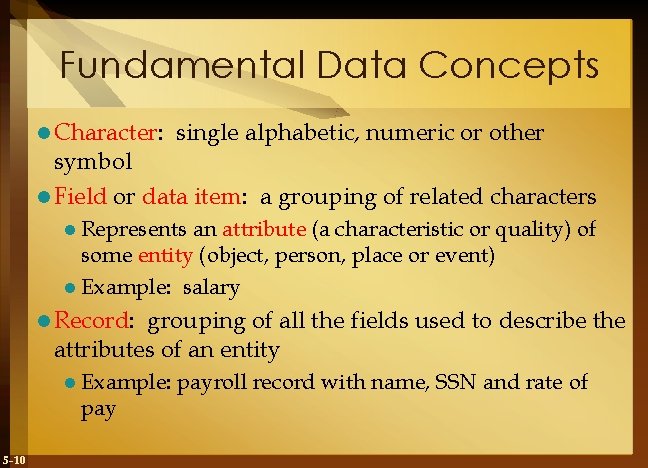 Fundamental Data Concepts l Character: single alphabetic, numeric or other symbol l Field or