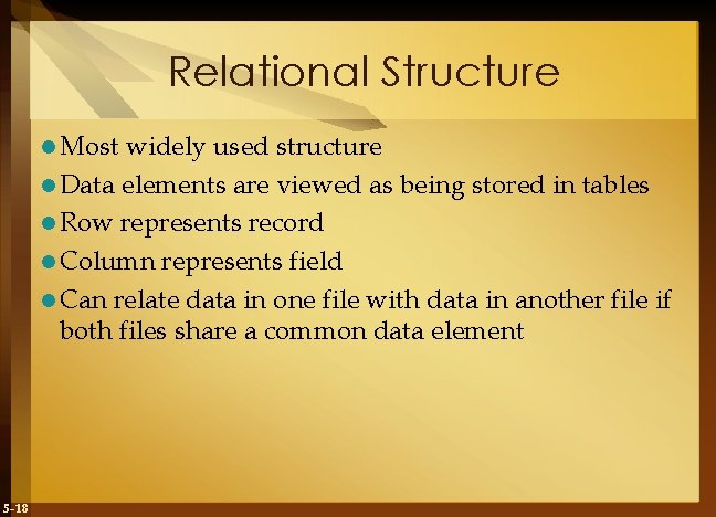 Relational Structure l Most widely used structure l Data elements are viewed as being