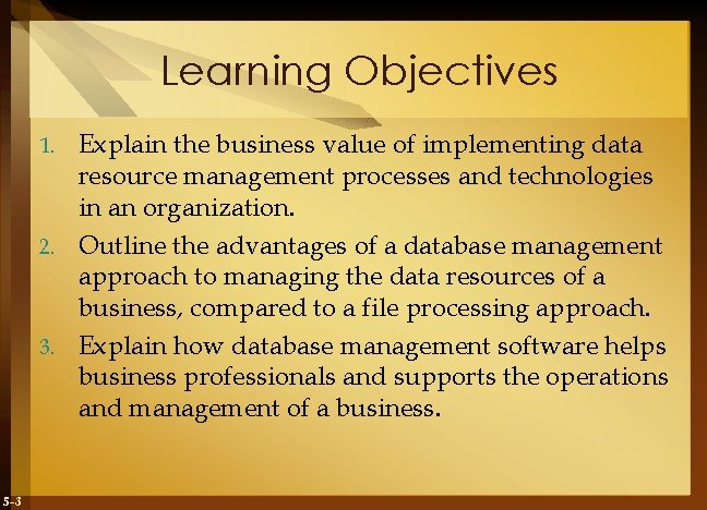 Learning Objectives Explain the business value of implementing data resource management processes and technologies