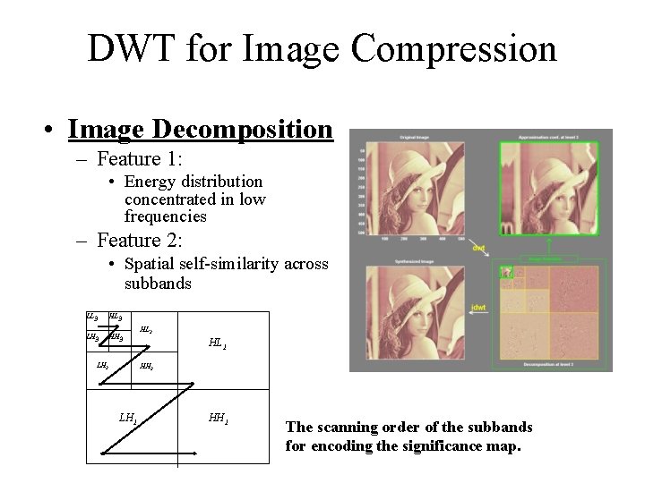 DWT for Image Compression • Image Decomposition – Feature 1: • Energy distribution concentrated