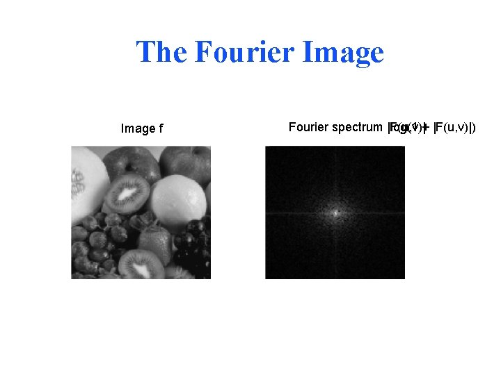 The Fourier Image f Fourier spectrum |F(u, v)| log(1 + |F(u, v)|) 