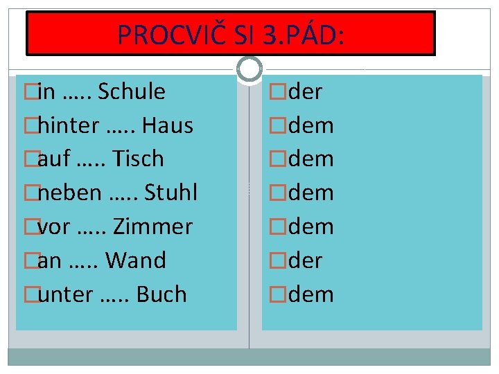 PROCVIČ SI 3. PÁD: �in …. . Schule � der �hinter …. . Haus