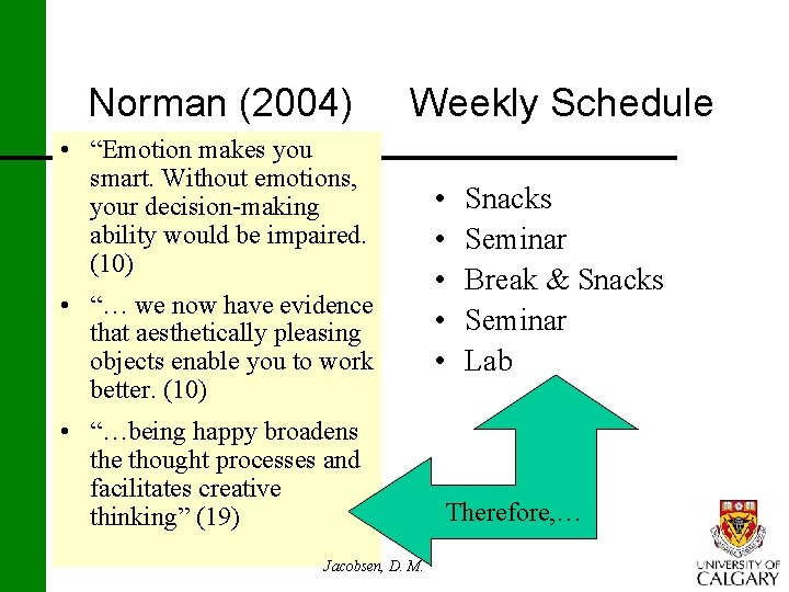 Norman (2004) Weekly Schedule • “Emotion makes you smart. Without emotions, your decision-making ability