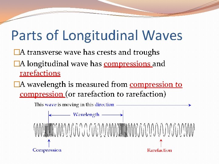 Parts of Longitudinal Waves �A transverse wave has crests and troughs �A longitudinal wave