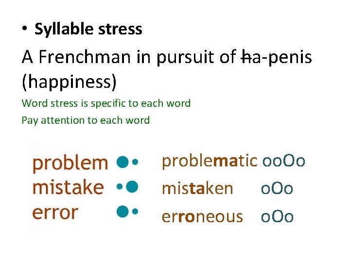  • Syllable stress A Frenchman in pursuit of ha-penis (happiness) Word stress is