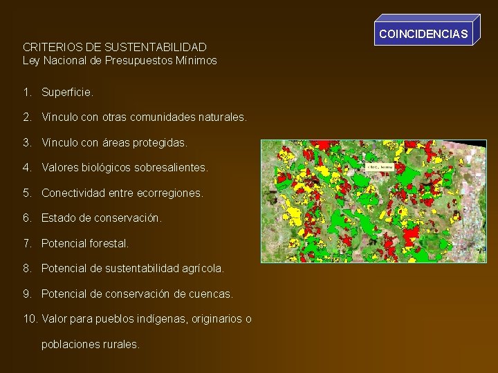 COINCIDENCIAS CRITERIOS DE SUSTENTABILIDAD Ley Nacional de Presupuestos Mínimos 1. Superficie. 2. Vínculo con