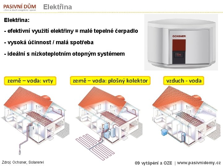 Elektřina: - efektivní využití elektřiny = malé tepelné čerpadlo - vysoká účinnost / malá