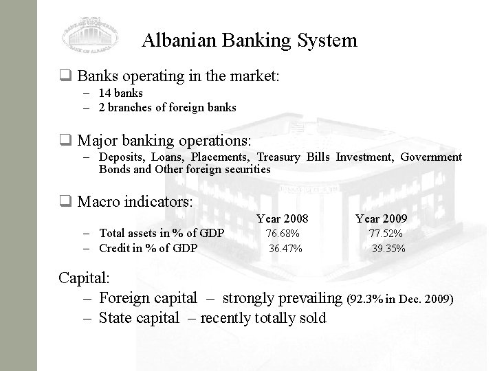 Albanian Banking System q Banks operating in the market: – 14 banks – 2