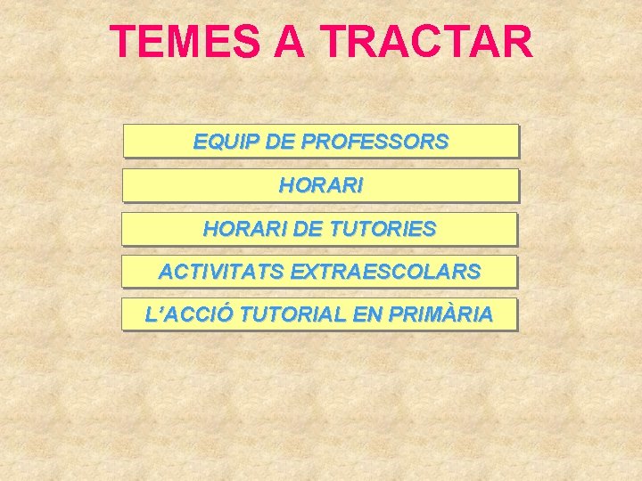 TEMES A TRACTAR EQUIP DE PROFESSORS HORARI DE TUTORIES ACTIVITATS EXTRAESCOLARS L’ACCIÓ TUTORIAL EN