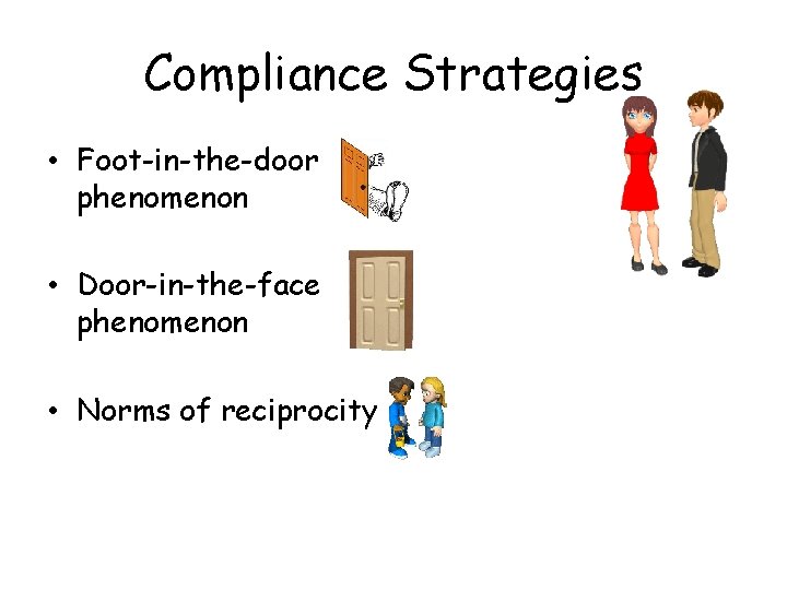 Compliance Strategies • Foot-in-the-door phenomenon • Door-in-the-face phenomenon • Norms of reciprocity 