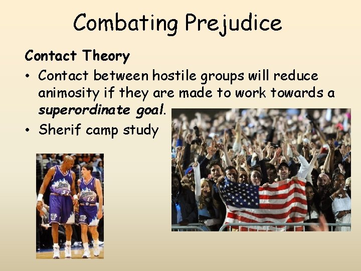 Combating Prejudice Contact Theory • Contact between hostile groups will reduce animosity if they