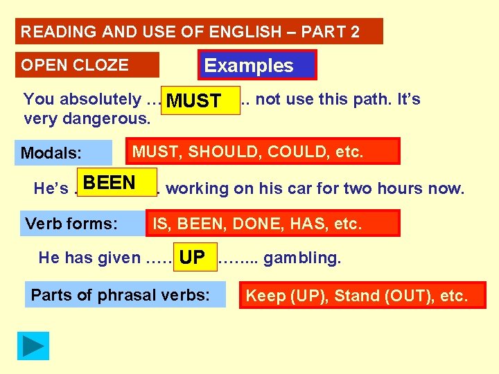 READING AND USE OF ENGLISH – PART 2 OPEN CLOZE Examples You absolutely ……………….