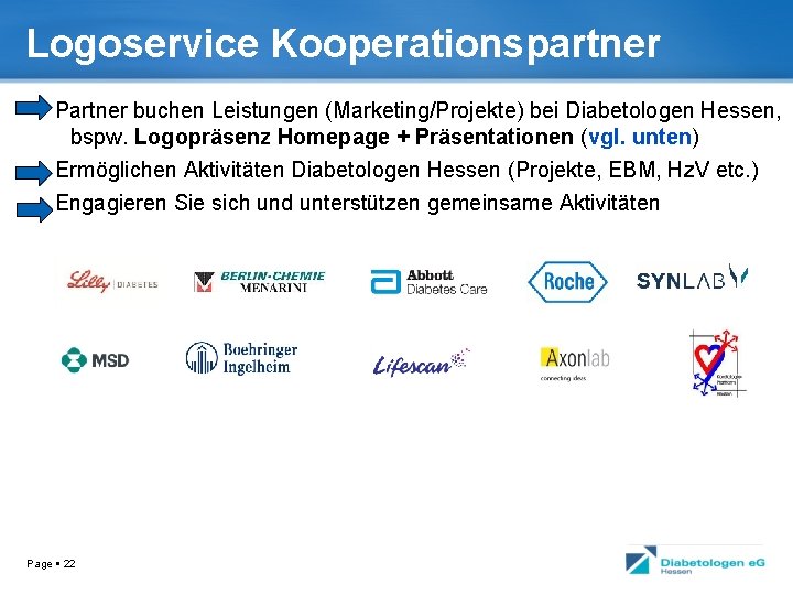 Logoservice Kooperationspartner Partner buchen Leistungen (Marketing/Projekte) bei Diabetologen Hessen, bspw. Logopräsenz Homepage + Präsentationen