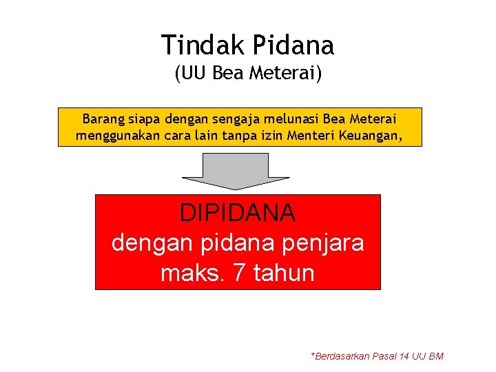 Tindak Pidana (UU Bea Meterai) Barang siapa dengan sengaja melunasi Bea Meterai menggunakan cara