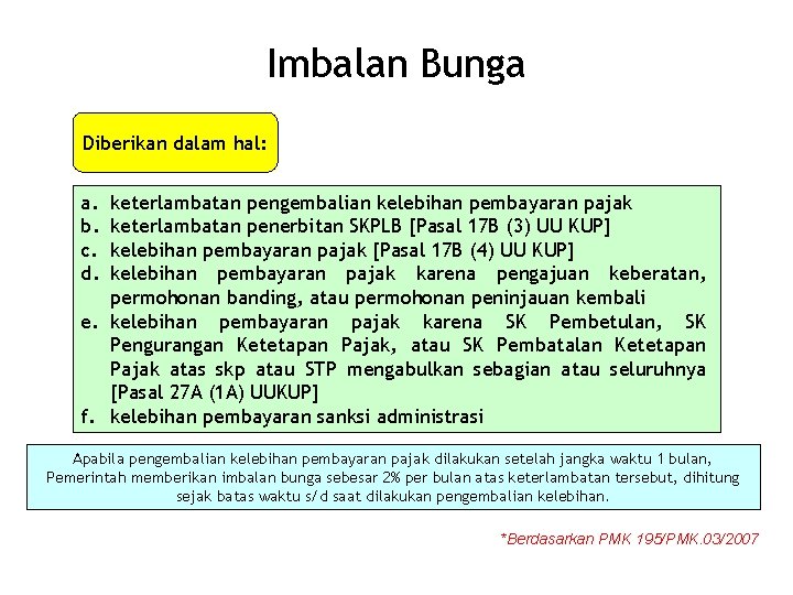 Imbalan Bunga Diberikan dalam hal: a. b. c. d. keterlambatan pengembalian kelebihan pembayaran pajak