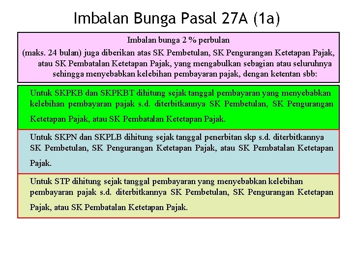 Imbalan Bunga Pasal 27 A (1 a) Imbalan bunga 2 % perbulan (maks. 24