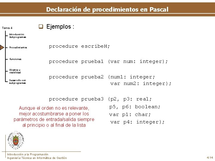 Declaración de procedimientos en Pascal q Ejemplos : Tema 4 Introducción: Subprogramas Procedimientos Funciones