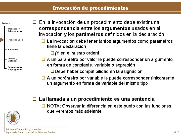 Invocación de procedimientos Tema 4 Introducción: Subprogramas Procedimientos Funciones Alcance y visibilidad Desarrollo con