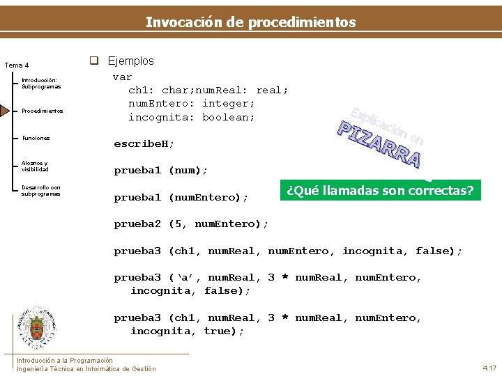 Invocación de procedimientos Tema 4 Introducción: Subprogramas Procedimientos Funciones Alcance y visibilidad Desarrollo con