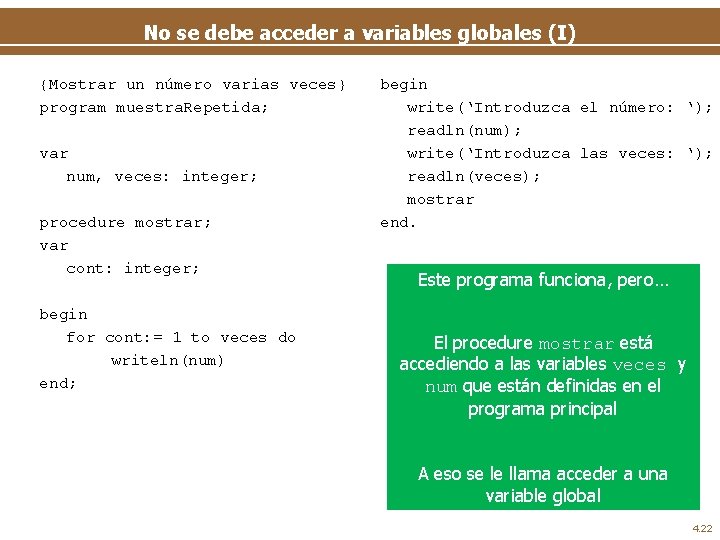 No se debe acceder a variables globales (I) {Mostrar un número varias veces} program