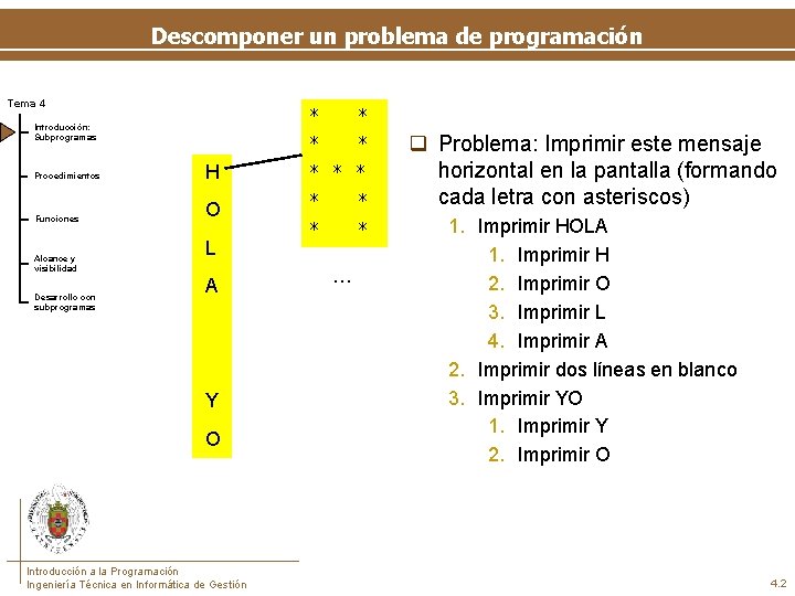 Descomponer un problema de programación Tema 4 Introducción: Subprogramas Procedimientos H Funciones O Alcance