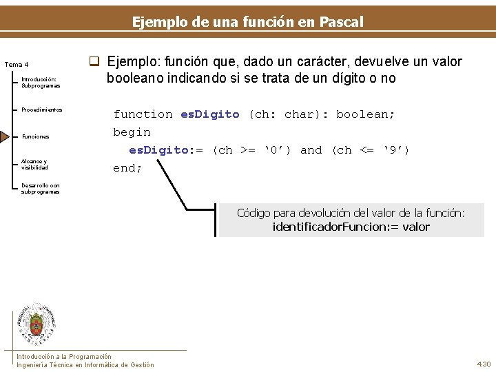 Ejemplo de una función en Pascal Tema 4 Introducción: Subprogramas Procedimientos Funciones Alcance y