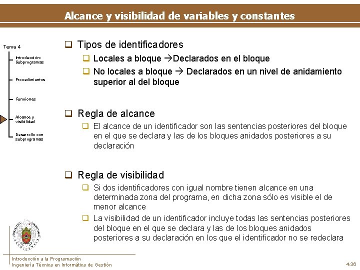 Alcance y visibilidad de variables y constantes Tema 4 Introducción: Subprogramas Procedimientos q Tipos