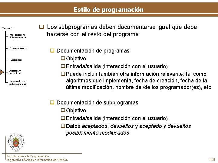 Estilo de programación Tema 4 Introducción: Subprogramas Procedimientos Funciones Alcance y visibilidad Desarrollo con