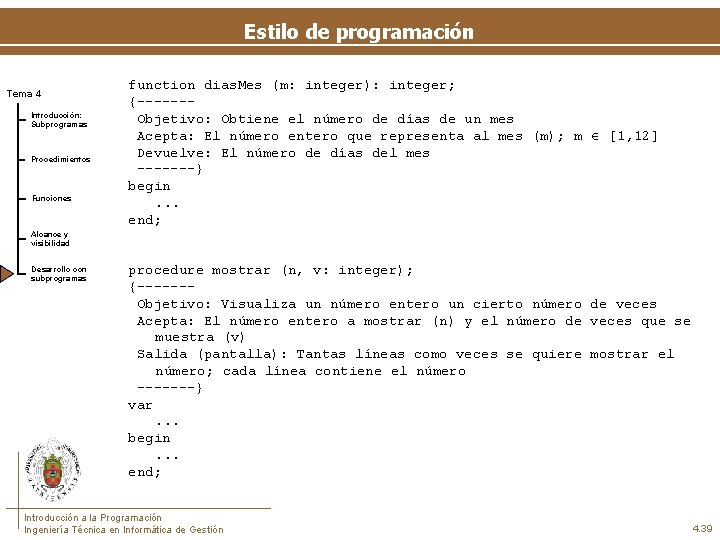 Estilo de programación Tema 4 Introducción: Subprogramas Procedimientos Funciones function dias. Mes (m: integer):