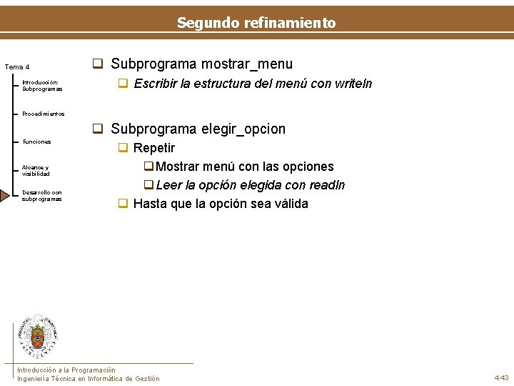 Segundo refinamiento Tema 4 Introducción: Subprogramas q Subprograma mostrar_menu q Escribir la estructura del